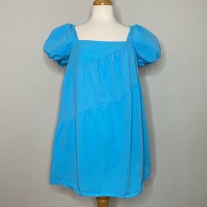 Zara Cotton Beach Vacation Mini Dress Puff short Sleeves Ocean Blue Size Medium
